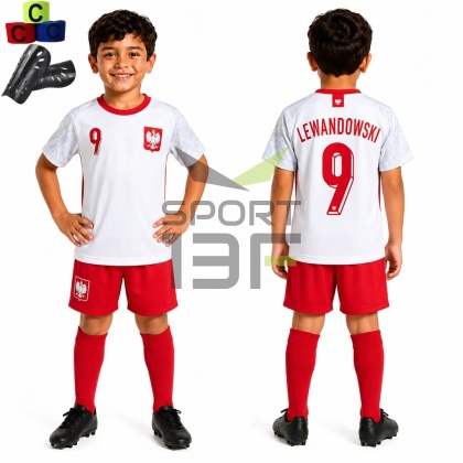Strój piłkarski dla dzieci LEWANDOWSKI Polska MŚ2026 - komplet sportowy + gratis