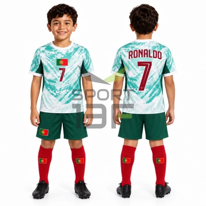 Strój piłkarski dla dzieci RONALDO Portugalia biała - komplet sportowy 3w1